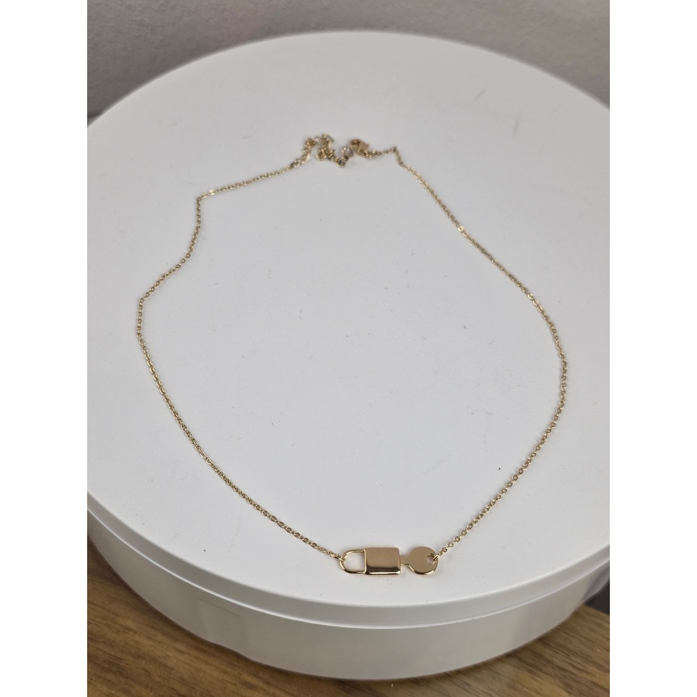 Gold Tone Lock and Key Charm Dainty Cable Chain Necklace 18 Inch Adjustable